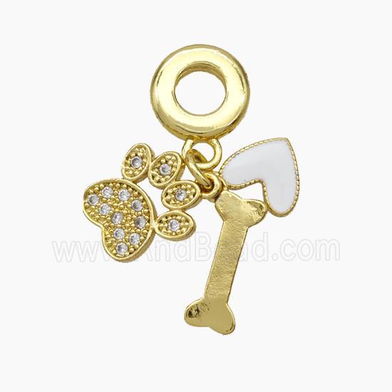 Copper Dogbone Paw Heart Pendant Pave Zirconia White Enamel 18K Gold Plated