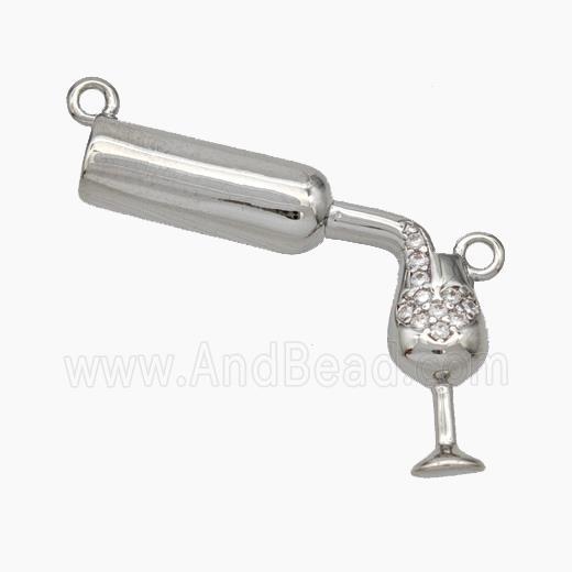 Wine Bottle And Cap Charms Copper Pendant Pave Zirconia 2loops Platinum Plated
