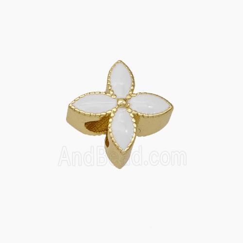 Copper Clover Beads White Enamel Large Hole Gold Plated