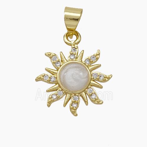 Copper Sun Pendant Pave Zirconia White Enamel Gold Plated