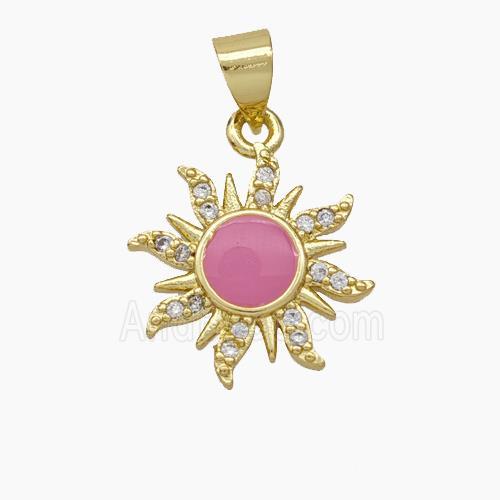 Copper Sun Pendant Pave Zirconia Pink Enamel Gold Plated