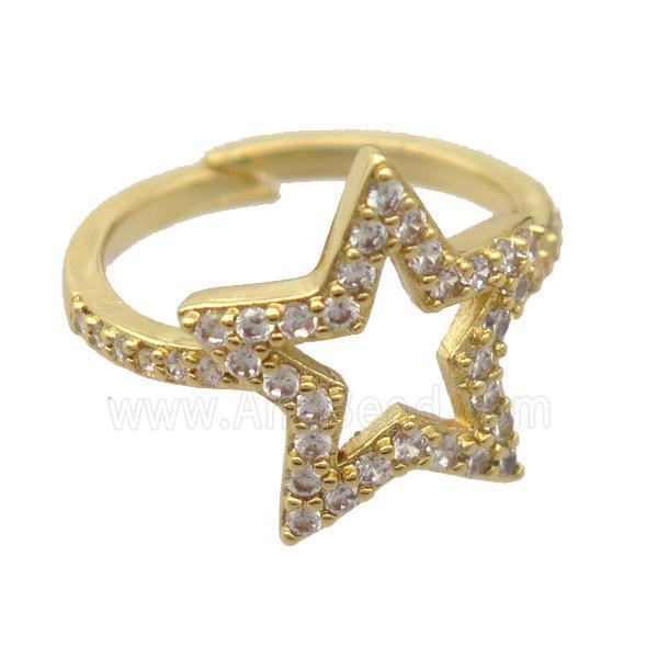 copper Rings pave zircon, resizable, star, gold plated
