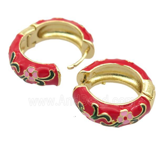 copper Hoop Earrings with red enameled, gold plated