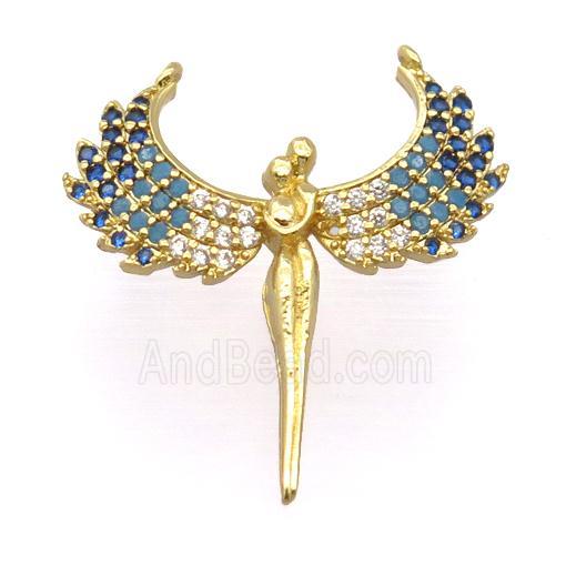 copper pendant pave zircon, angel wings, gold plated