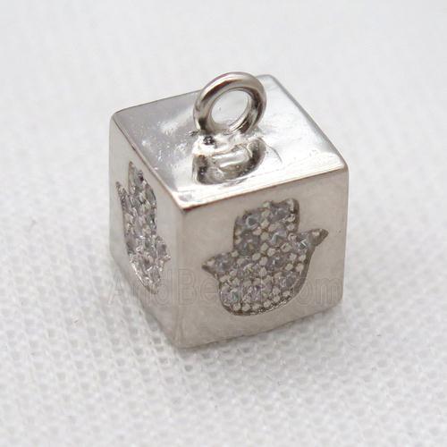 copper cube pendant pave zircon, hamsahand, platinum plated