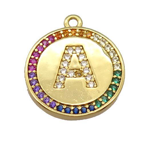 copper circle pendant pave zircon, letter, gold plated