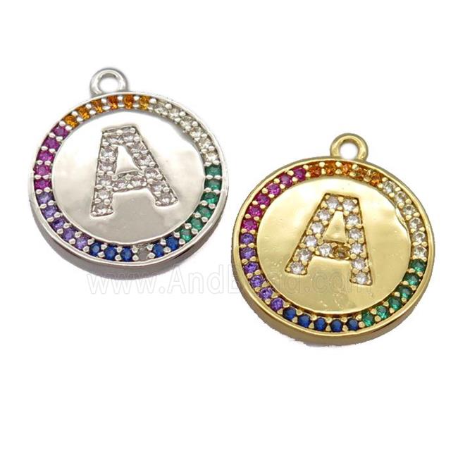 copper circle pendant pave zircon, letter, mixed