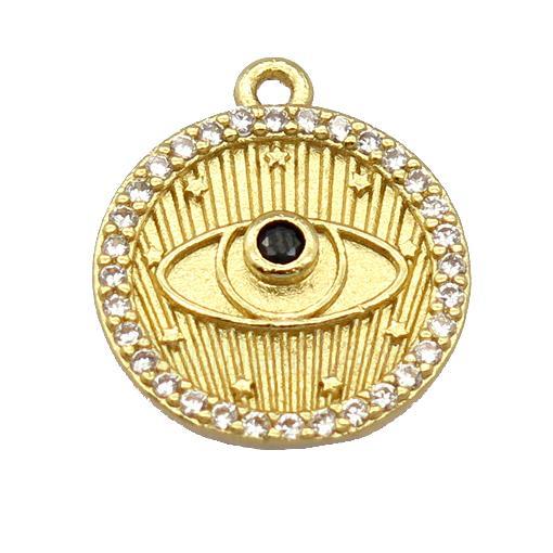 copper circle pendant pave zircon, eye, gold plated