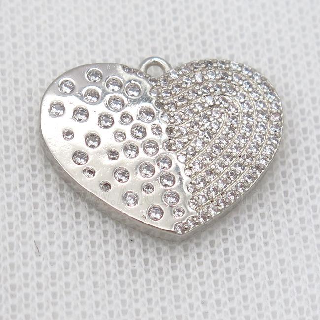copper heart pendant pave zircon, platinum plated