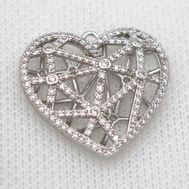 copper heart pendant pave zircon, hollow, platinum plated