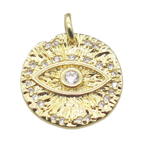 copper circle pendant paved zircon with eye, gold plated