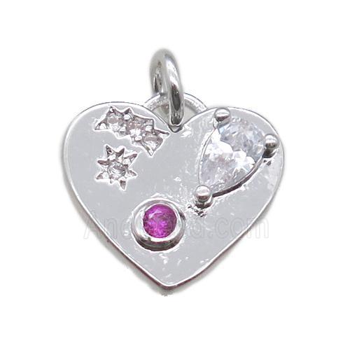 copper heart pendant paved zircon, platinum plated
