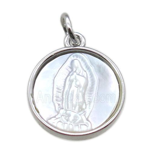 copper circle pendant with virgin mary, platinum plated