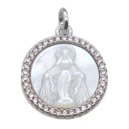 copper circle pendant pave zircon with shell virgin mary, platinum plated
