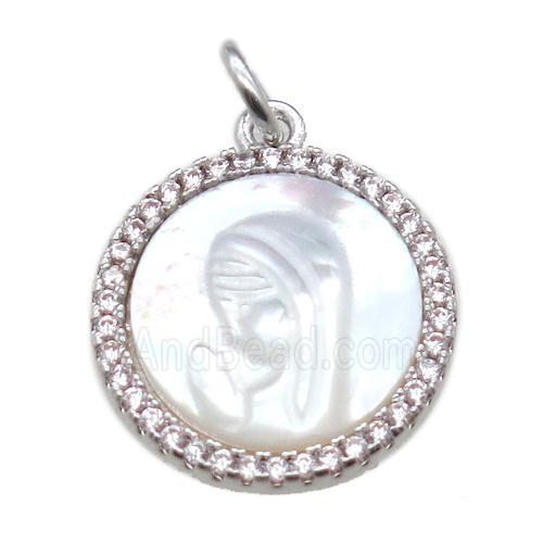 copper circle pendant pave zircon with shell virgin mary, platinum plated