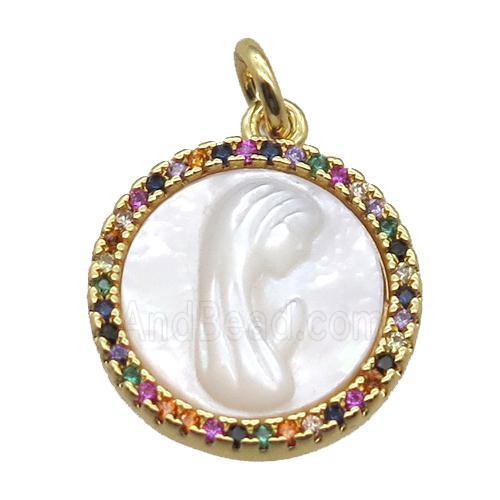 copper circle pendant pave zircon with shell virgin mary, gold plated