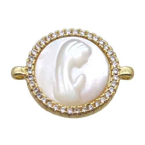 copper circle conector pave zircon with shell virgin mary, gold plated