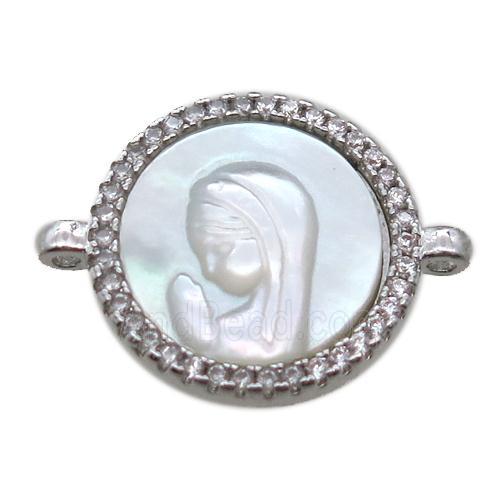 copper circle conector pave zircon with shell virgin mary, platinum plated