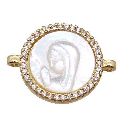 copper circle conector pave zircon with shell virgin mary, gold plated