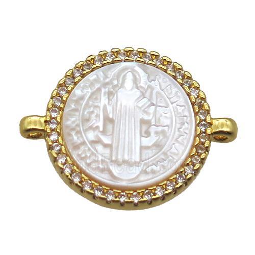 copper circle conector pave zircon with shell virgin mary, gold plated