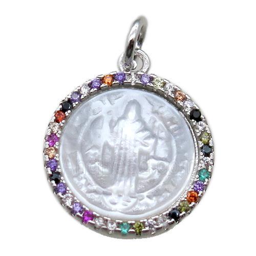 copper circle pendant pave zircon with shell virgin mary, platinum plated