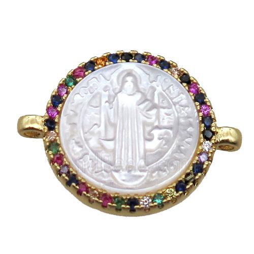 copper circle connector pave zircon with shell virgin mary, gold plated