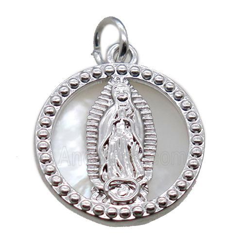 copper circle pendant with shell virgin mary, platinum plated