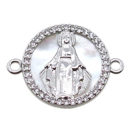 copper circle connector pave zircon with shell virgin mary, platinum plated