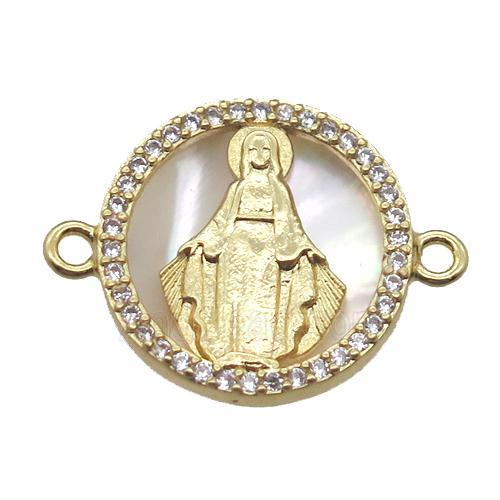 copper circle connector pave zircon with shell virgin mary, gold plated