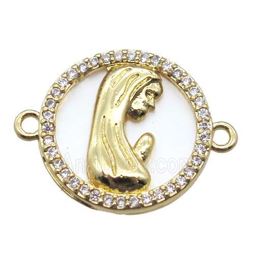 copper circle connector pave zircon with shell virgin mary, gold plated