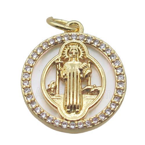 copper circle pendant pave zircon with shell virgin mary, gold plated