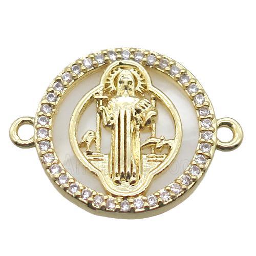 copper circle connector pave zircon with shell virgin mary, gold plated