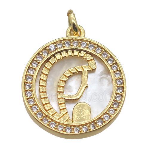 copper circle pendant pave zircon with shell virgin mary, gold plated