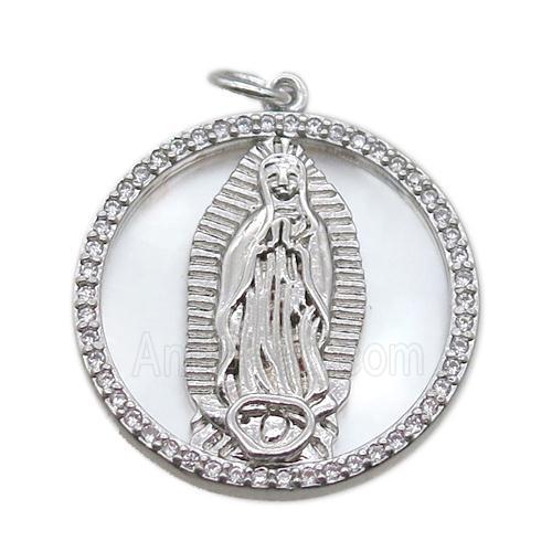 copper circle pendant pave zircon with shell virgin mary, platinum plated