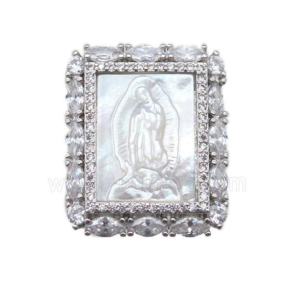 copper rectangle pendant pave zircon with shell virgin mary, platinum plated