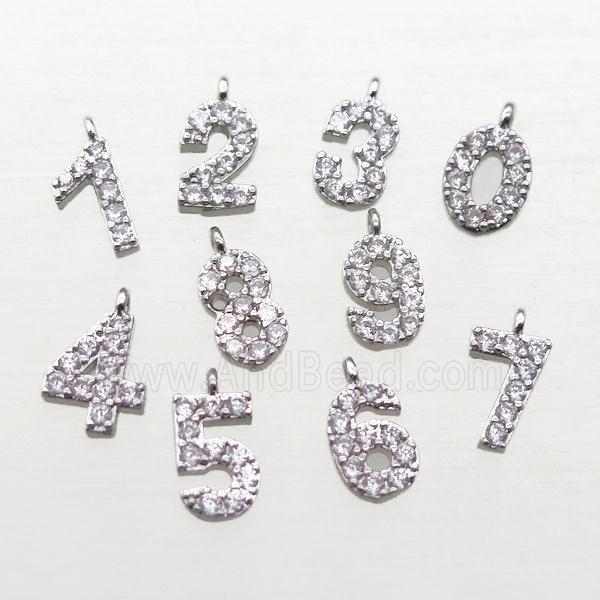 copper number pendant paved zircon, platinum plated