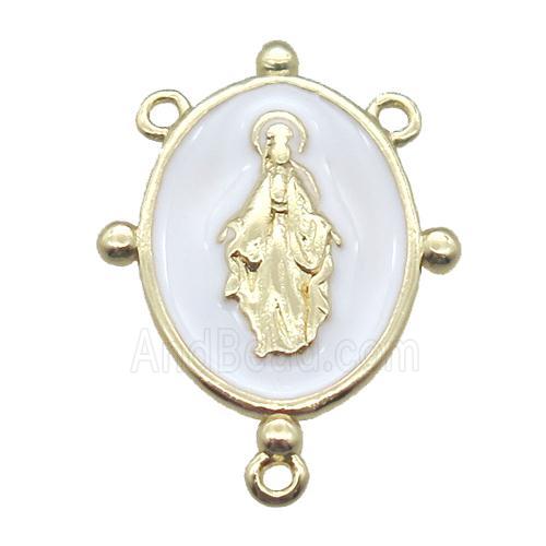 copper oval hanger bail with white enameling virgin mary, gold plated