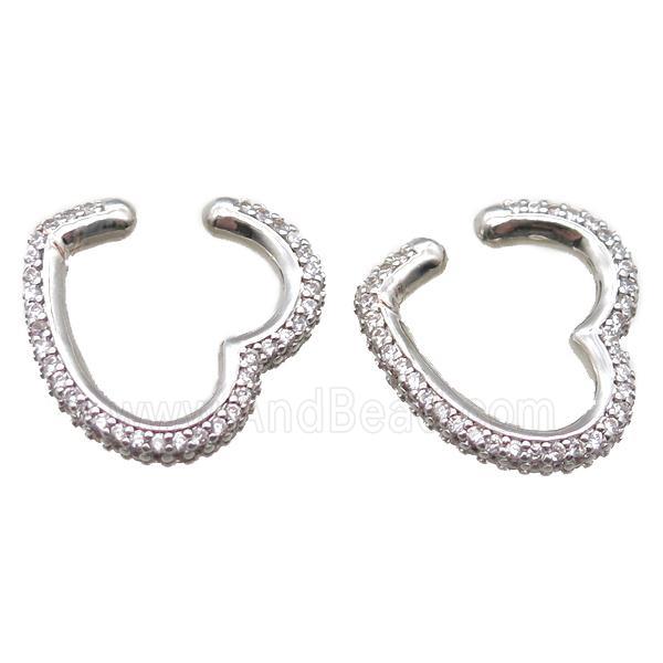 copper clip earring paved zircon, heart, platinum plated