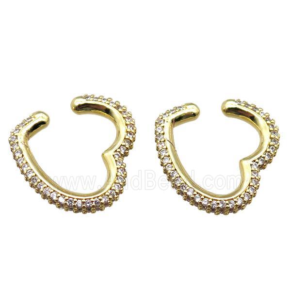 copper clip earring paved zircon, heart, gold plated