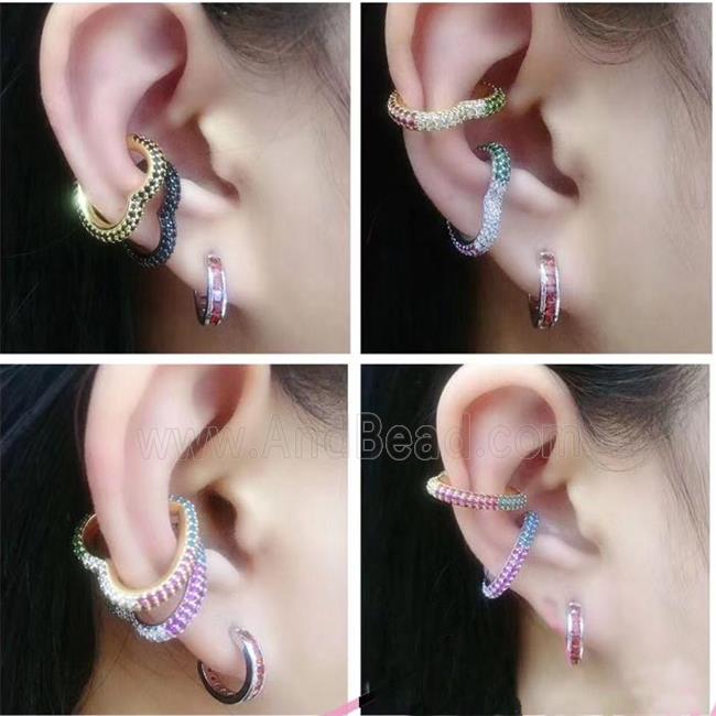 copper clip earring paved zircon, heart, gold plated