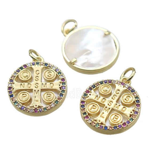 copper circle pendant paved zircon, gold plated, shell backing