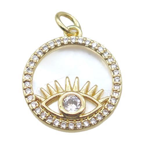 copper circle pendant paved zircon with eye, gold plated, shell backing