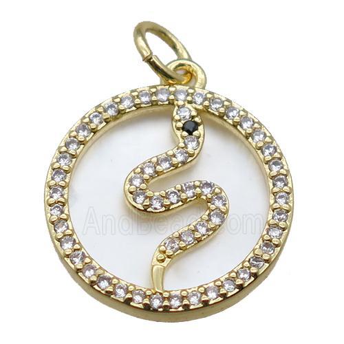 copper circle pendant paved zircon with snake, gold plated, shell backing