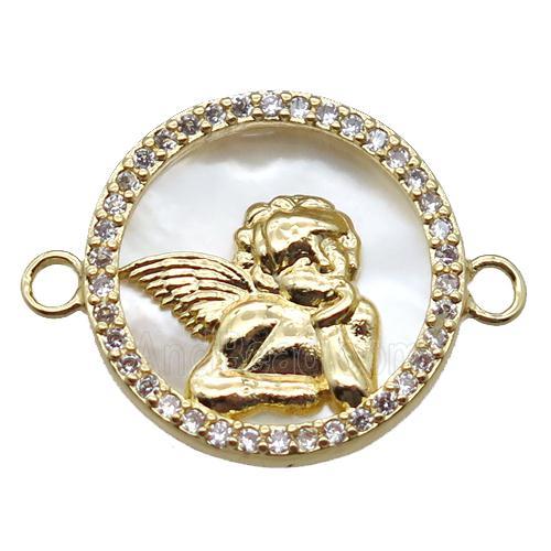 copper circle connector paved zircon with angel, gold plated, shell backing