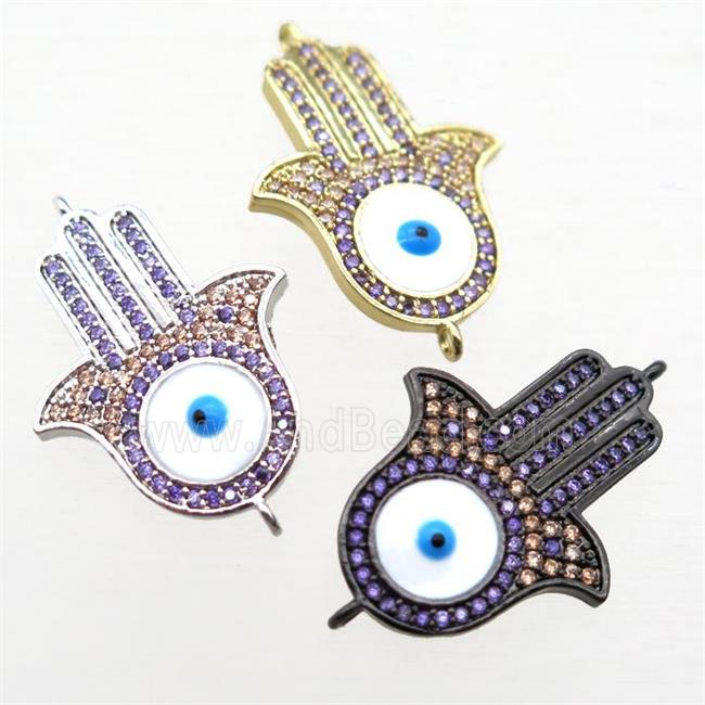copper hamsahand connector paved zircon with evil eye, mixed
