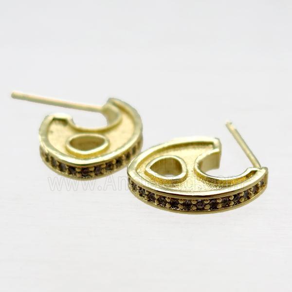 copper stud Earring paved zircon, gold plated