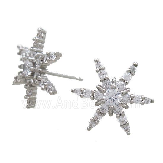 copper Studs Earrings paved zircon, snowflake, platinum plated