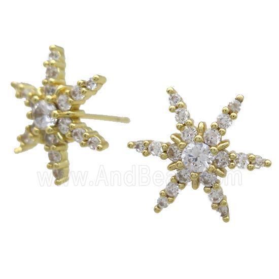 copper Studs Earrings paved zircon, snowflake, gold plated