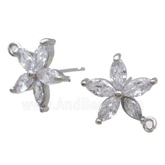 copper Studs Earrings paved zircon, flower, platinum plated