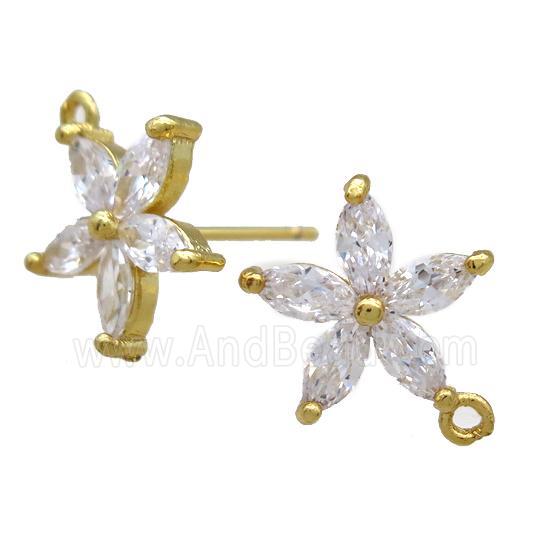 copper Studs Earrings paved zircon, flower, gold plated
